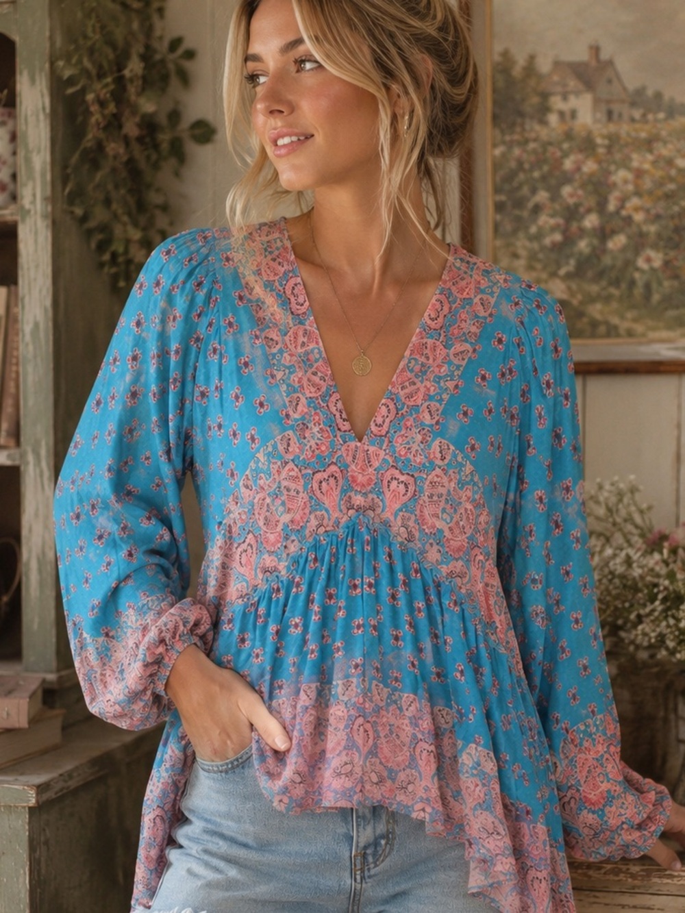 Rose + Olive Blue Pink Paisley Boho Babydoll  Blouse Top Medium